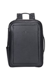 Zwarte leren rugzak met een gestructureerde afwerking, dubbele handgrepen bovenaan, verstelbare schouderbanden en gecontraheerde vakken voor veilige opslag.