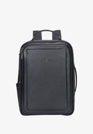 Schwarzer Leder-Rucksack mit strukturiertem Finish, doppelten oberen Tragegriffen, verstellbaren Trägern und Reißverschlussfächern für sichere Aufbewahrung.