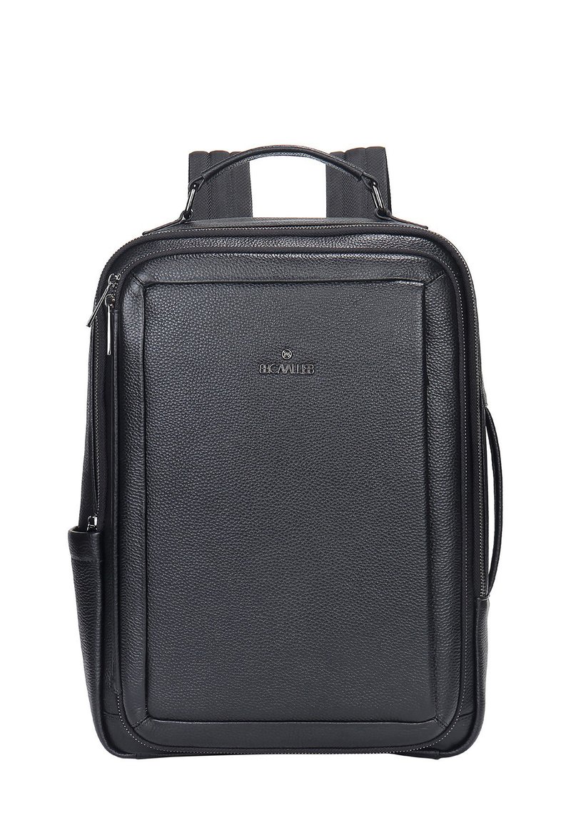 Zwarte leren rugzak met een gestructureerde afwerking, dubbele handgrepen bovenaan, verstelbare schouderbanden en gecontraheerde vakken voor veilige opslag.
