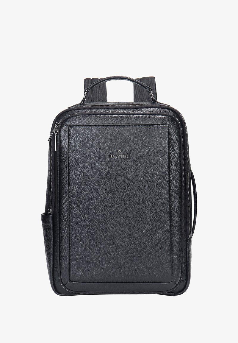 Zwarte leren rugzak met een gestructureerde afwerking, dubbele handgrepen bovenaan, verstelbare schouderbanden en gecontraheerde vakken voor veilige opslag.