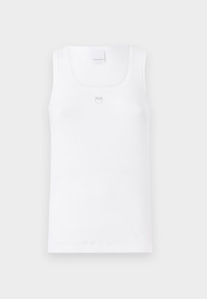 Canotta bianca a coste con scollo quadrato, spalline sottili e un piccolo logo ricamato sul petto. Materiale in cotone morbido.