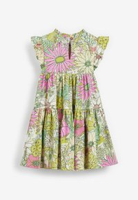 Květinové šaty v pastelových barvách mají vysoký výstřih, volánkové rukávy a plissé sukni. Vyrobené z lehkého materiálu s knoflíkovým zapínáním.