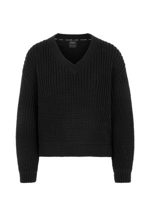 Schwarzer, gestrickter V-Ausschnitt-Pullover mit langen Ärmeln und strukturiertem Muster, gekürztem Saum, auf weißem Hintergrund dargestellt.