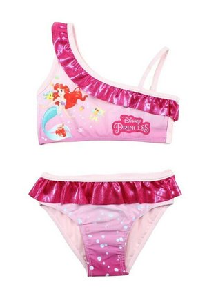 Set di bikini per bambine in rosa, caratterizzato da un top a spalla unica con ruffle lucido e grafiche di sirene, insieme a un fondo abbinato con ruffle.
