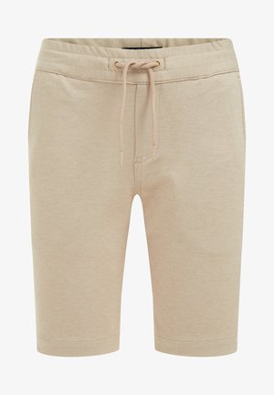Beige strikkede shorts med elastisk talje og matchende snøre, midt på låret længde, afslappet stil.