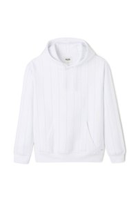 Sweatshirt à capuche blanche avec des rayures verticales bleues, cordon de serrage à la capuche, poche kangourou et poignets côtelés ainsi que bord inférieur côtelé. Texture de tissu douce.