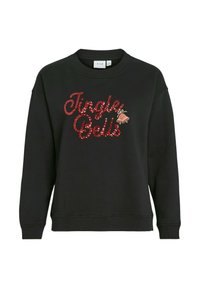Svart sweatshirt med rund hals. Har röd, paljetterad text "Jingle Bells" och en liten klocka-grafik. Mjuk tyg och avslappnad passform.