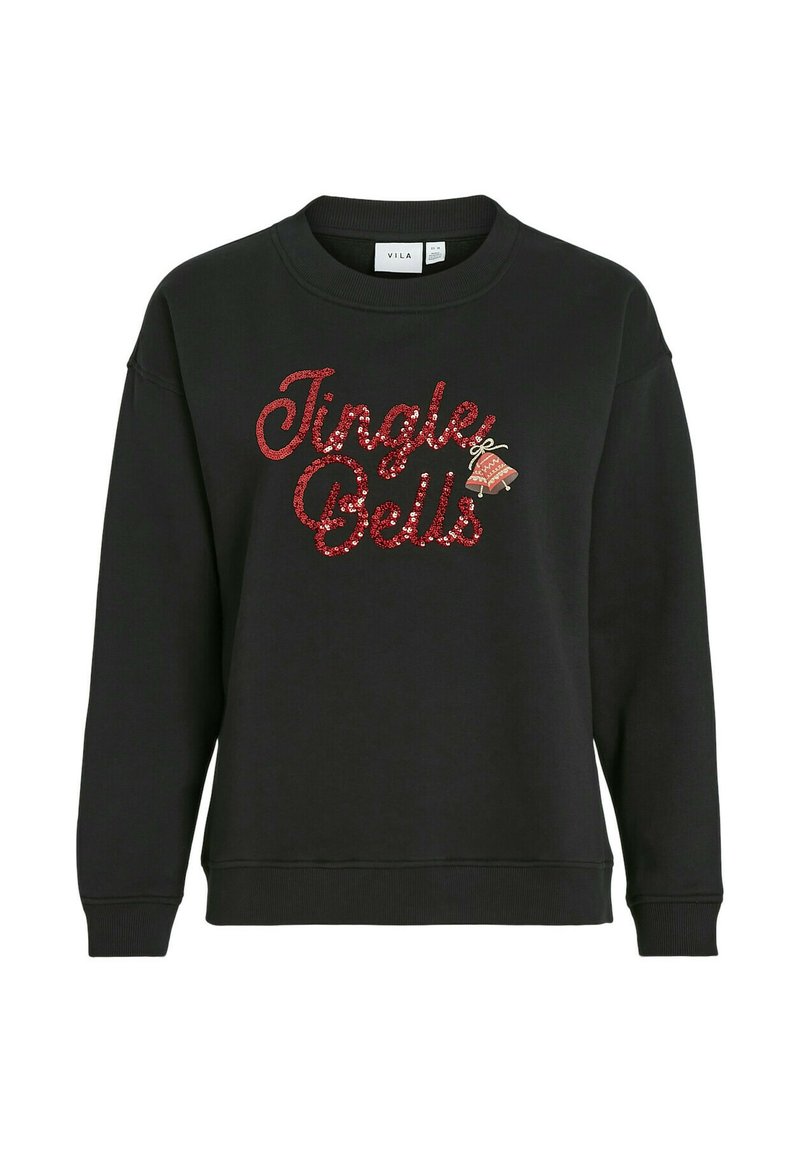 Svart sweatshirt med rund hals. Har röd, paljetterad text "Jingle Bells" och en liten klocka-grafik. Mjuk tyg och avslappnad passform.