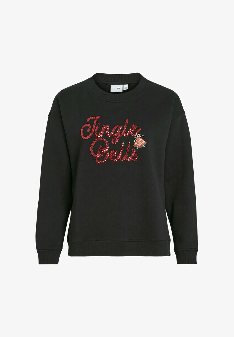 Svart sweatshirt med rund hals. Har röd, paljetterad text "Jingle Bells" och en liten klocka-grafik. Mjuk tyg och avslappnad passform.