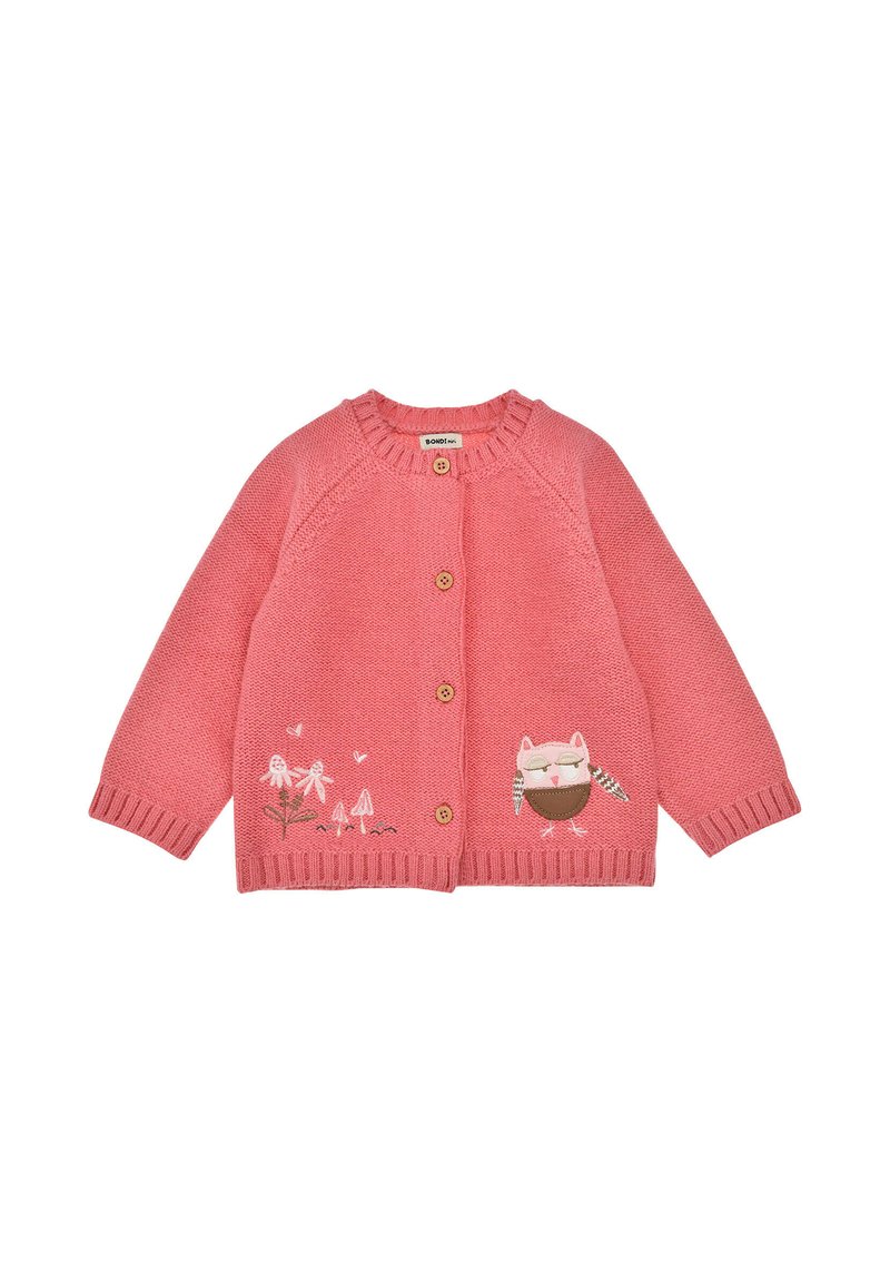 Cardigan rosa lavorato a maglia con scollo rotondo, bottoni in legno e ricamo frontale con un gufo e fiori. Polsini e orlo a coste.