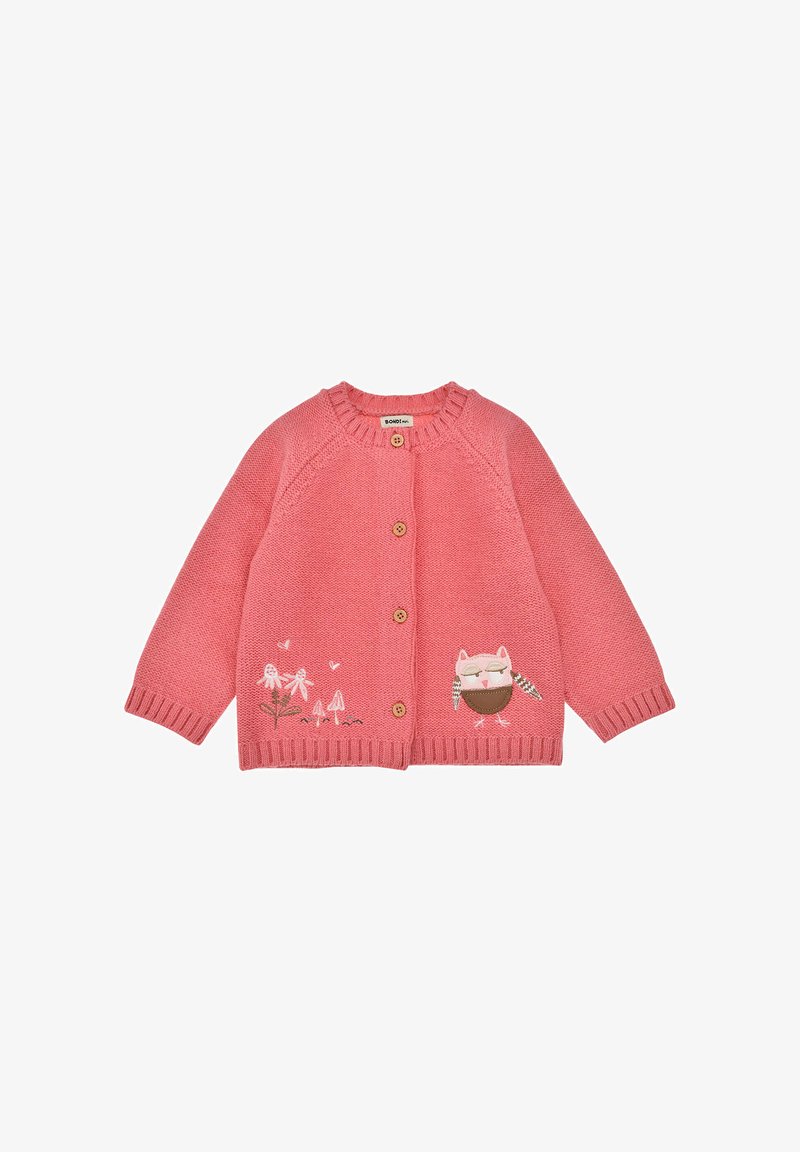 Cardigan rosa lavorato a maglia con scollo rotondo, bottoni in legno e ricamo frontale con un gufo e fiori. Polsini e orlo a coste.