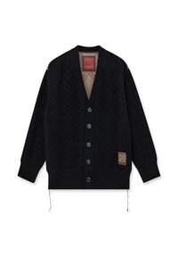 Cardigan nero a maglia con scollatura a V, motivo a trecce, sei bottoni, polsini e orlo a costine, e una fodera marrone trapuntata. Include una patch con il logo.