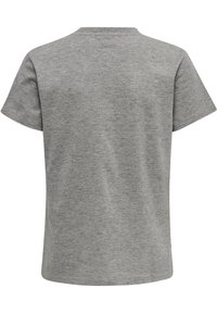 Kortärmad grå t-shirt, blandning av bomull, rund halsringning, jämn textur, avslappnad passform, inga synliga loggor eller mönster på baksidan.