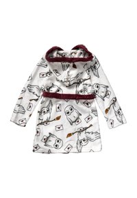 Bílý dětský župan s kapucí, zdobený vytištěnými bílými sovičkami, brky, pečetěnými dopisy a vínovým lemem na kapuci a pásku.