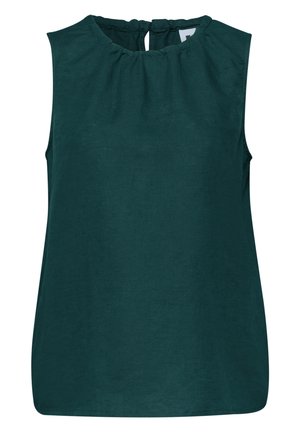 Bezrękawowa ciemnozielona bluzka z marszczonym okrągłym dekoltem i prostym dołem.