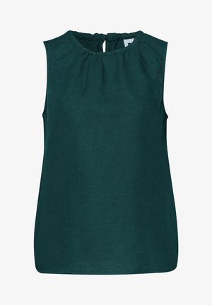 Blouse sans manches vert foncé avec un col rond froncé et un ourlet droit.