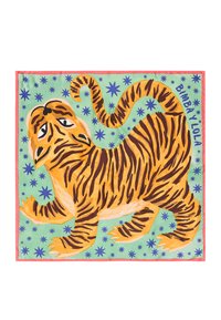 Illustration d'un tigre rayé orange et marron sur un fond vert avec des étoiles bleues et une bordure corail. Du texte sur le côté indique "Bimbay Lola."