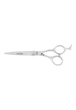 Stainless steel hairdressing scissors with sharp blades, offset handles, finger rests, and tension adjustment screw.