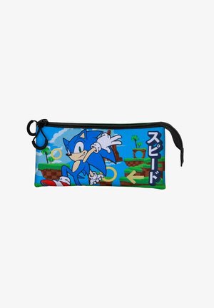 Estuche de lápices azul con cremallera que presenta un gráfico de Sonic the Hedgehog, cremallera negra y acentos verdes. El diseño incluye nubes y anillos sobre un fondo azul.