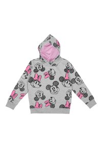 Felpa grigia con cappuccio caratterizzata da un motivo ripetuto di facce di Topolino e Minnie. Accentuata da fiocchi rosa sulle teste di Minnie. Materiale in cotone misto.