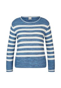 Blau-weißer gestreifter Pullover mit langen Ärmeln, Rundhalsausschnitt, gerippten Bündchen und strukturierter Strickware. Akzentuiert mit unterschiedlich breiten Streifen.