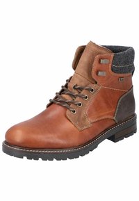 Brown leather ankle boot with gray fabric collar, lace-up system, metal hardware accents, and textured rubber sole.  Detailed stitching.