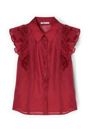 Rote ärmellose Knopfleiste-Bluse mit spitzem Kragen und Rüschendetails entlang der Schultern und Seiten.