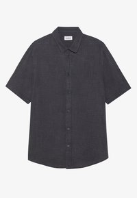 Camicia a maniche corte grigia scura con bottoni, caratterizzata da un motivo testurizzato e un colletto classico con cinque bottoni frontali.