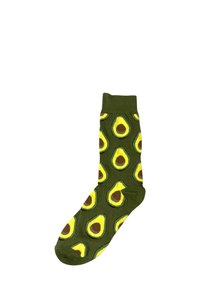 Calze verdi con un motivo a avocado, con accenti gialli e marroni. Materiale morbido, texture lavorata a maglia e polsino a coste.