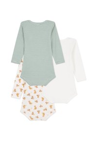 Tre langermede baby bodyer: en grønn og hvit stripete, en ensfarget hvit, og en med trykk av tegneseriebjørner i varme toner på kremfarget bakgrunn.