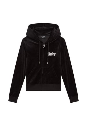 Schwarze Samt-Hoodie mit Reißverschluss, ausgestattet mit gefütterter Kapuze, Fronttaschen und dem "Juicy"-Logo in weißer Schrift auf der linken Brust. Weicher Stoff.