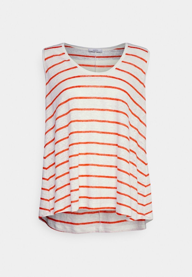 Haut sans manches en tissu léger avec des rayures rouges sur fond blanc ; encolure arrondie ; coupe ample et ourlet du dos plus long.