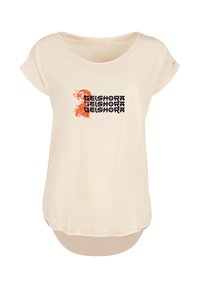 Cream-colored short-sleeve T-shirt with loose fit, featuring a graphic design in orange and dark purple text reading "GEISHORA."