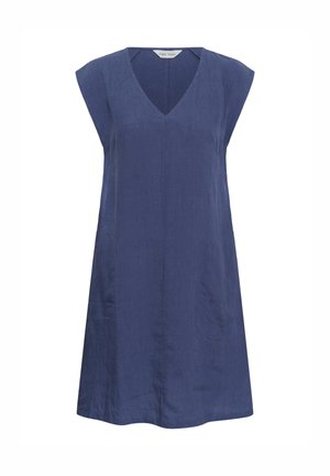 Robe bleue sans manches, longueur au genou, avec un col en V et deux poches avant, réalisée en tissu léger.