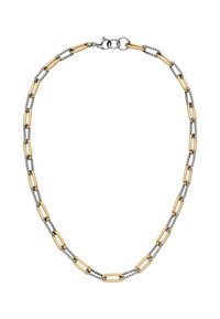 Gold- und Silberkette mit abwechselnden, länglichen Gliedern, die über ein glänzendes Finish und einen sicheren Verschluss verfügt.