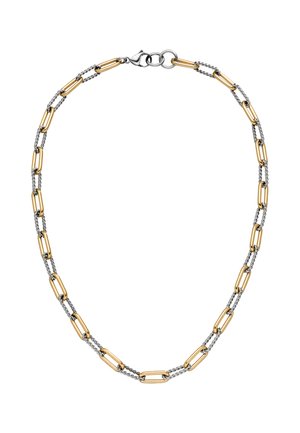 Gold- und Silberkette mit abwechselnden, länglichen Gliedern, die über ein glänzendes Finish und einen sicheren Verschluss verfügt.