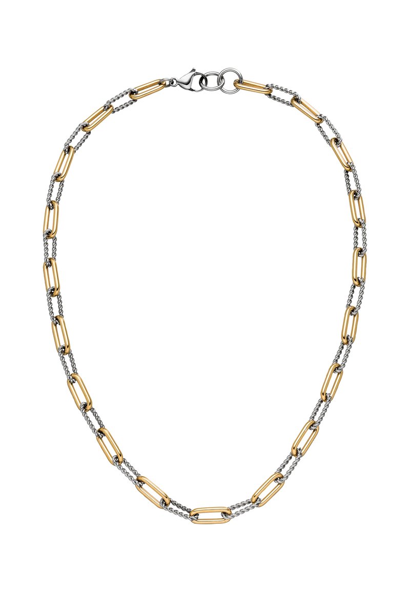 Gold- und Silberkette mit abwechselnden, länglichen Gliedern, die über ein glänzendes Finish und einen sicheren Verschluss verfügt.