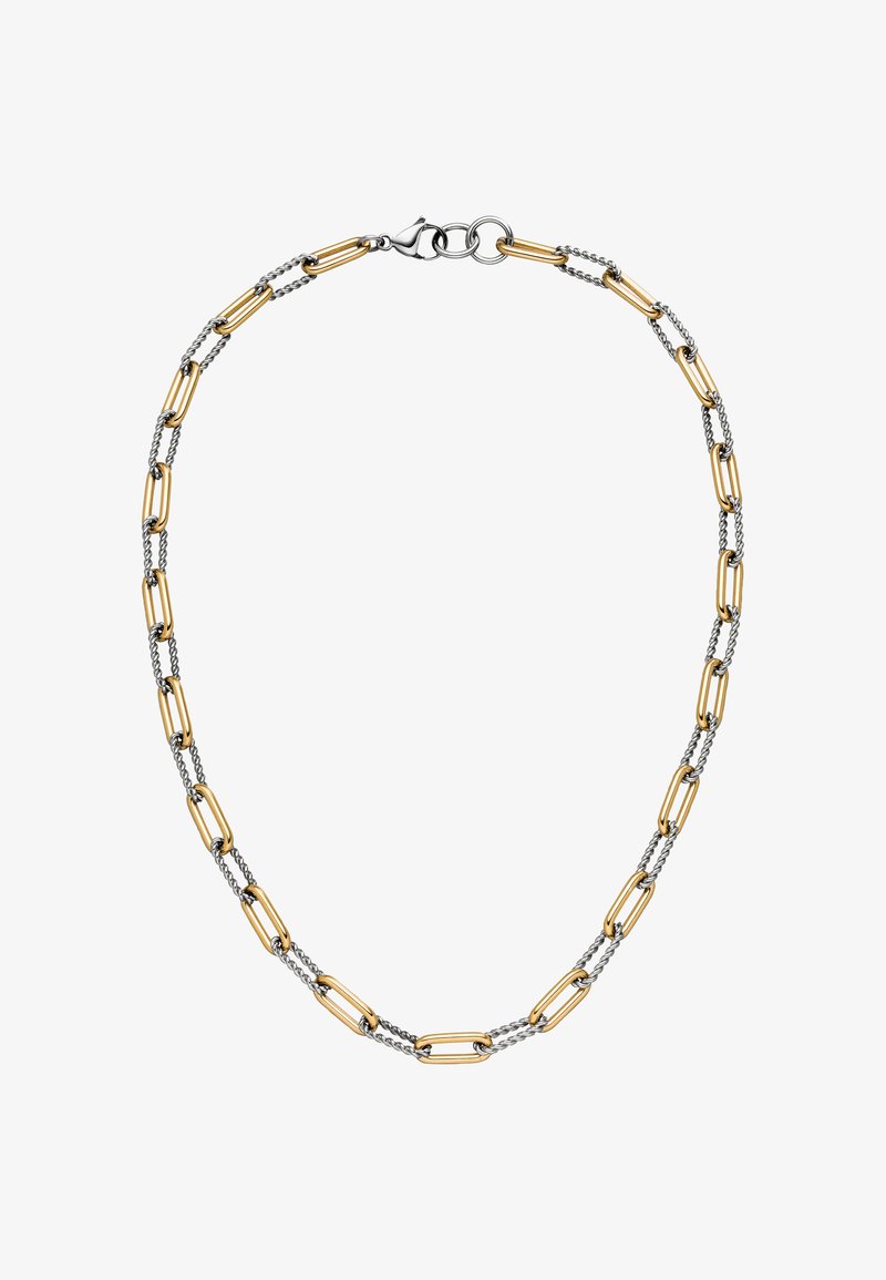 Gold- und Silberkette mit abwechselnden, länglichen Gliedern, die über ein glänzendes Finish und einen sicheren Verschluss verfügt.