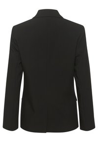 Czarna marynarka o dopasowanym kroju, z wyciętym kołnierzem, długimi rękawami i pojedynczym rozcięciem z tyłu. Gładka faktura i wyraźnie zarysowany kształt.