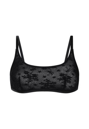 Zwarte kanten bralette met een bloemmotief, zachte stof, verstelbare bandjes en een naadloos ontwerp voor een gladde uitstraling.