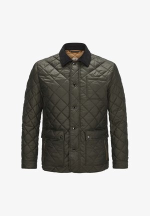 Quilted green jacket with a corduroy collar, front snap buttons, two front pockets, and diagonal stitching detail. Smooth fabric texture.