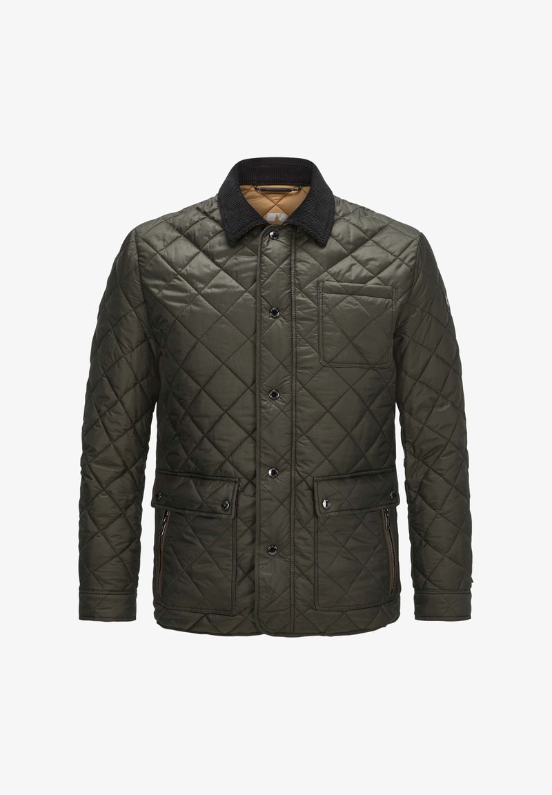 Grüne gesteppte Jacke mit einem Cordkragen, vorderen Druckknöpfen, zwei Fronttaschen und diagonalem Nähedetail. Glatte Stoffoberfläche.