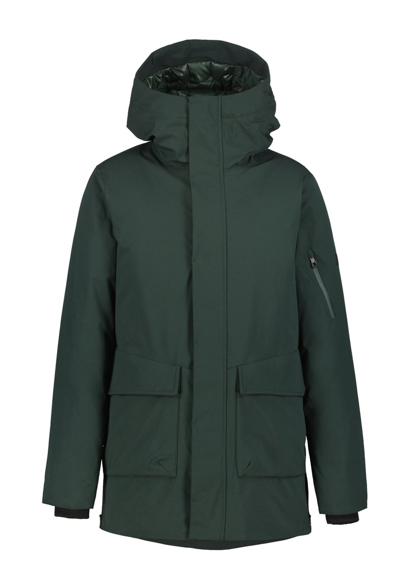 Tummanvihreä eristetty talvimantelii, jossa on huppu, etupaneelin taskut ja vetoketjullinen hiustasku, suunniteltu kylmille säille.