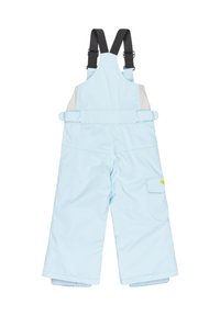 Lichtblauwe geïsoleerde sneeuwbroek met verstelbare zwarte banden, een gele accentkleur en een zijzak. Glad textuur met een brede pijpdesign.