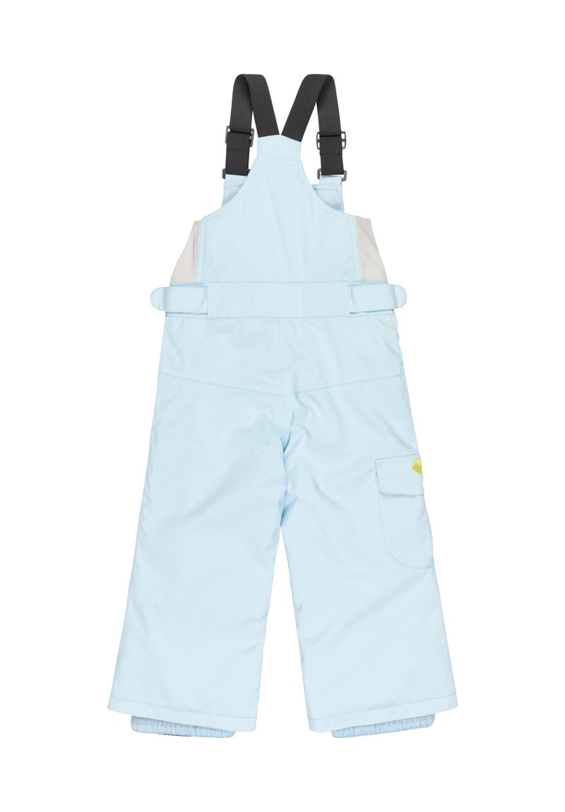 Lichtblauwe geïsoleerde sneeuwbroek met verstelbare zwarte banden, een gele accentkleur en een zijzak. Glad textuur met een brede pijpdesign.