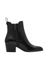 Bottine en cuir noir avec un bout pointu, un petit talon carré, une fermeture éclair sur le côté et une languette à l'arrière. Texture lisse.