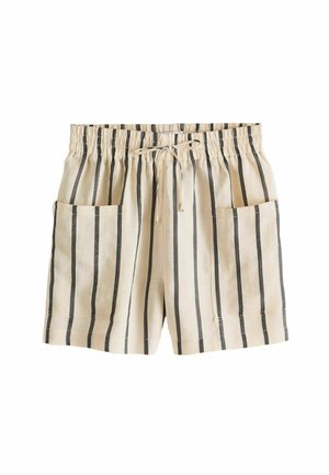 Beige Shorts mit schwarzen vertikalen Streifen, elastischem Bund mit Kordelzug und großen aufgesetzten Fronttaschen.