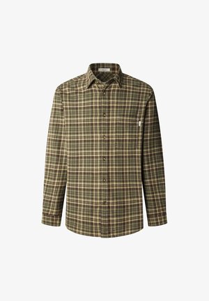 Roheline ja pruun ruuduline nööbiga särk, pikad varrukad, krae, rinna tasku, tekstuuriga puuvillane kangas ja pruunid nupud.