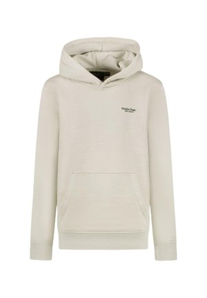 Beige hoodie gemaakt van zachte stof, met een zak aan de voorkant, een capuchon met trekkoord en een klein groen logo op de linkerkant van de borst.