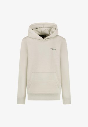 Beige hoodie gemaakt van zachte stof, met een zak aan de voorkant, een capuchon met trekkoord en een klein groen logo op de linkerkant van de borst.
